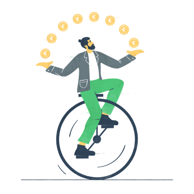 Piirros yksipyöräisellä polkevasta, euroja jongleeraavasta miehestä.